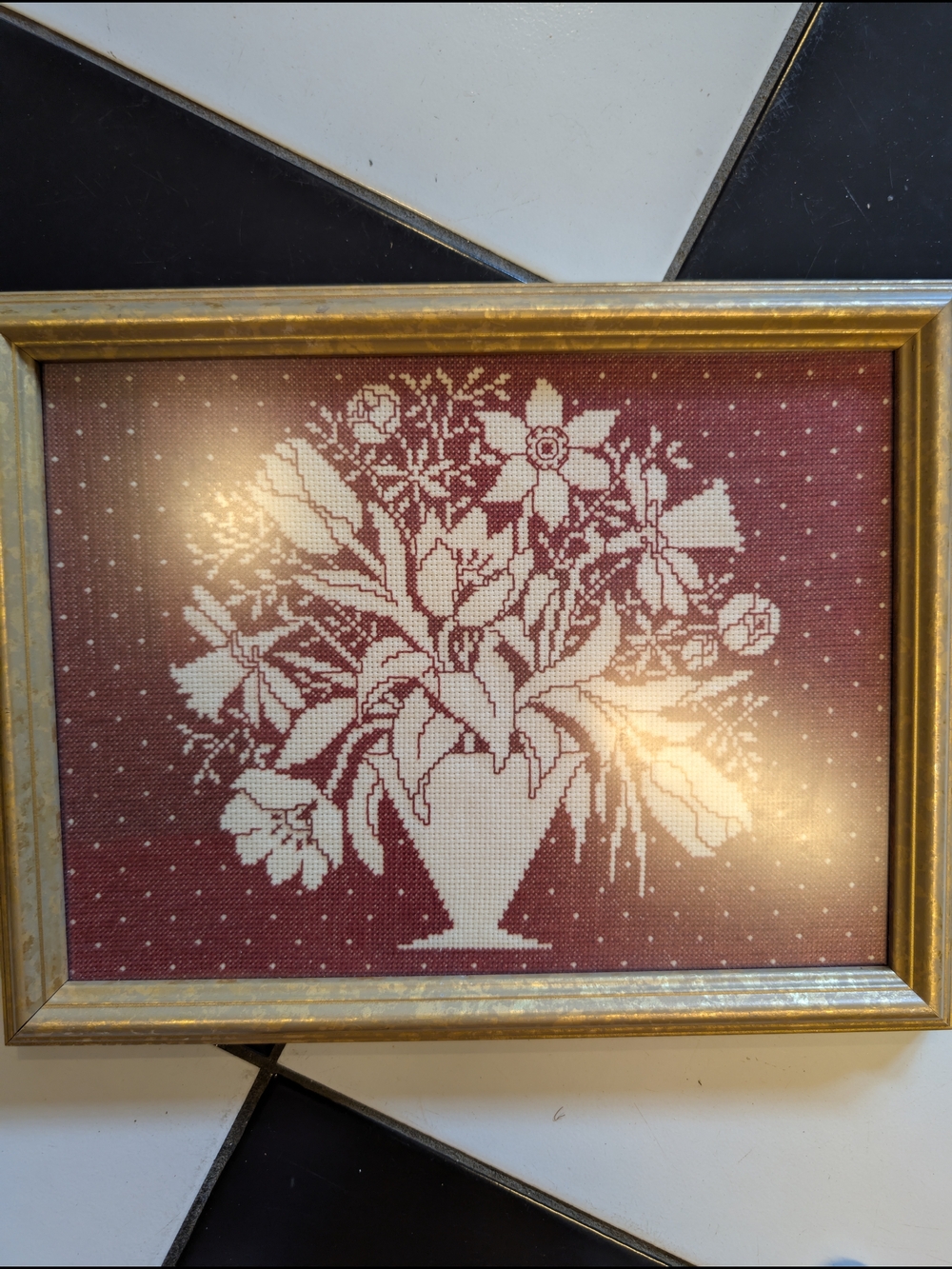 Framed Floral Cross-Stitch on Burgundy Background 13.5*10.5 Vintage